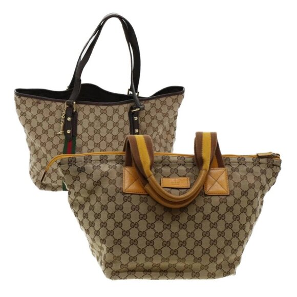 GUCCI GG Canvas Web Sherry Line Hand Bag 2Set Beige Green Yellow Auth rd5183 - Picture 1 of 16
